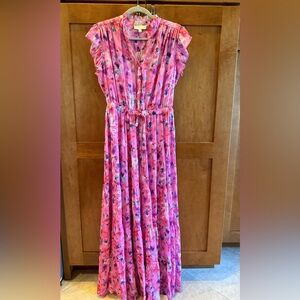 PINCH Pink Watercolor Tiered Maxi Dress | Size L | Ruffle Sleeves | Worn Once